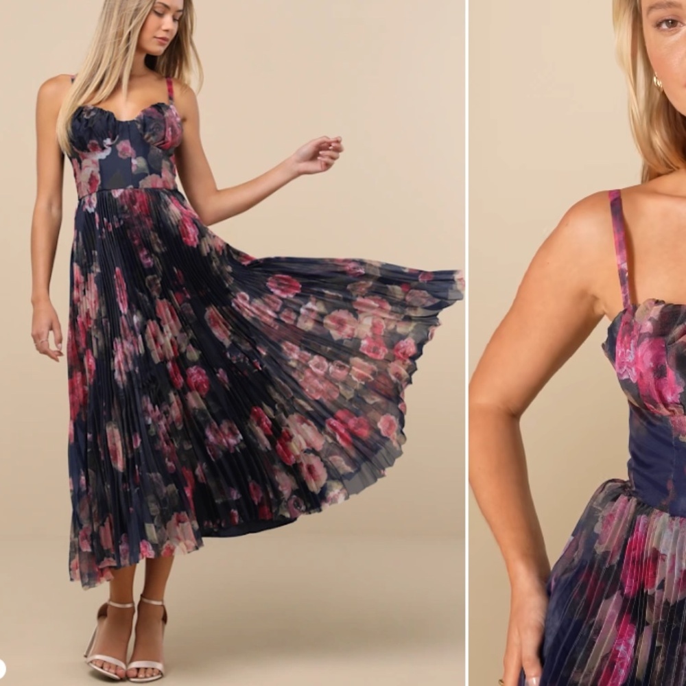 Lulu's Navy Floral Pleated Midi Dress with Pink and Purple Blooms